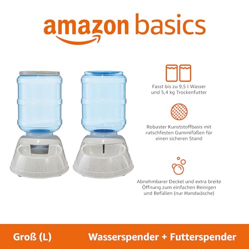 Amazon Basics Futter- und Wasserspender für Hunde, 2.5 Gallons, Größe L, Weiß, Klar