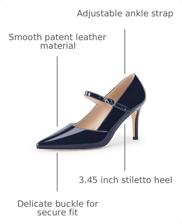 Image of Coutgo Womens Mary Jane Pumps Stiletto High Heels Closed Pointed Toe Buckle Strap Patent Leather Dress Wedding Party Shoes