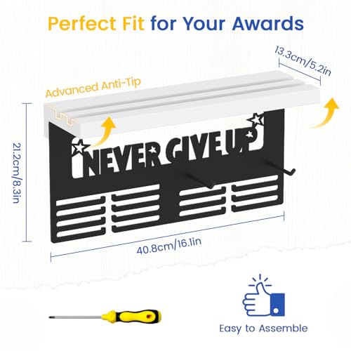 Image of Medal Holder Display Trophy Shelf Organizer, Sturdy Wooden Race Award Hanger Rack with 25 Steel Hooks, Wall Mount Storage Stand for Sports Fans, Cheer Success