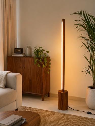 Image of Modern Wooden LED Floor Lamp for Living Room, 45 Inch Ambient Standing Lamp with Warm White Integrated LED, Natural Wood Finish, Minimalist Corner Floor Light for Bedroom, Office & Home Decor