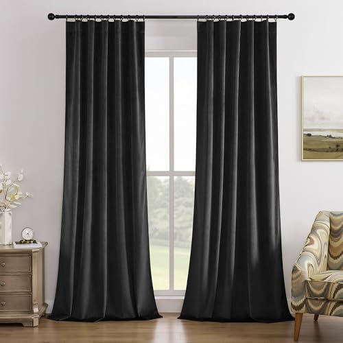 Timeper Blcak Blackout Back Tab Velvet Curtains 42x96 inches 2Pcs