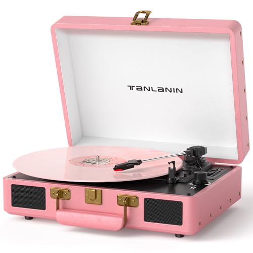 Vinyl Record Player Bluetooth, 3-Speed Turntable Vinyl Player, Portable Suitcase Record Players with USB/TF Recording & Playback, Built-in Speakers, Belt Drive, AUX/RCA/Headphone Jack, Pink