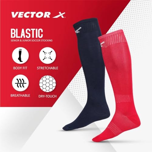 Image of Vector X Blastic Stockings | Polyester Stretchable Material | Knee Length | Unisex | Pack of 2 Pair (NAVY-RED, SENIOR)