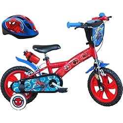 Bicicleta Fij A.T.L.A.S. Bicicleta de 12 Pulgadas Equipada con 2 Frenos, Placa Frontal Decorativa, Guardabarros, cárter, estabilizadores y Casco Spiderman Incluido Delantera, Niños, Rojo idéntico a Las Fotos, 12''