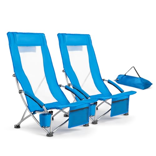 VINGLI Low Beach Chairs, High Back Chairs with Carry Bag,Foldable Portable Backpack Beach Chair for Camping Picnic LAN-2 Pack