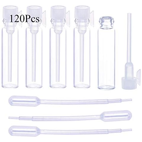 120Pcs 1Ml Mini Cute Empty Glass Perfume Essential Oils Sample Vials with White Plastic Rod Caps Glass Vials Sample Dropper Bottle for Essential Oils Aromatherapy (120Pcs 1Ml White Plastic Rod) Cover