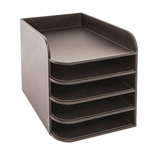 OSCO Brown Faux Leather Five Tier Designer Letter Tray, A4 Desk File Organiser, Paper Storage, Office Document Sorter, Paperwork Filing, No Assembly Required, Elegant Desktop Tidy