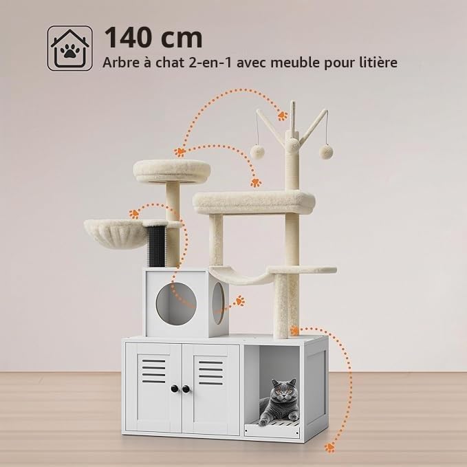 Arbre à Chat avec Meuble Litiere Chat, 140cm Armoire Litiere pour Chat, Niche,Tour de Jeu, Griffoir avec Maison de Toilette, 2 Grandes Plateformes, Balles Suspendues, Blanc