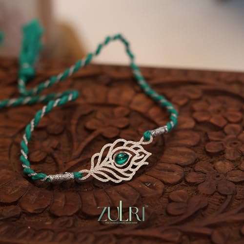 Image of Unisex-Adult 925 Sterling Silver Peacock Feather With Stone Rakhi For Bhai Cotton Thread | Rakshabandhan Rakhi With Greeting Card & Roli Chawal And Certificate Of Authenticity 925 Silver