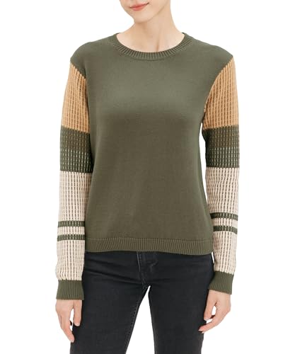 Cable Stitch Women's Contrast-Sleeve Cotton Sweater - Crewneck Long Sleeve Knitted Pullover Top (Small, Olive)