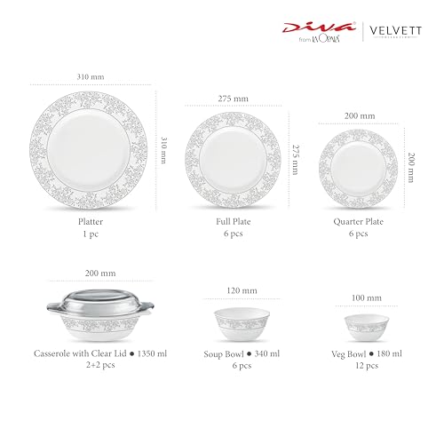 Image of La Opala Diva Velvett Collection Opal Glass Crockery | for Family of 6 | Dinner Set 35 pcs Aria Grey | Plates & Bowls for Dining | Microwave Safe | 100% Vegetarian | Extra Strong | Light & White