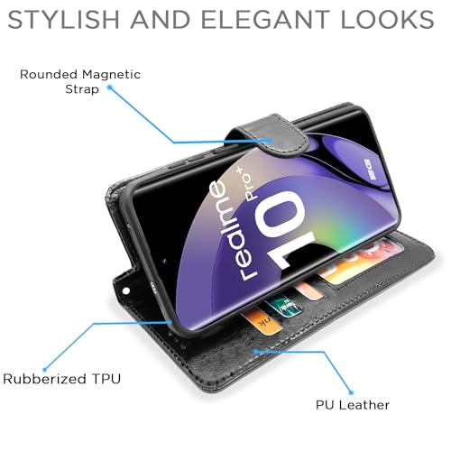 Image of Pikkme Realme 10 Pro Plus 5G Flip Cover Leather Finish | Inside TPU with Card Pockets | Wallet Stand and Shock Proof | Complete Protection Flip Case (Black)