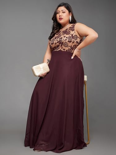 Image of Miss Chase A+ Women's Round Neck Sleeveless Georgette Floral Lace Fit & Flare Maxi Dress