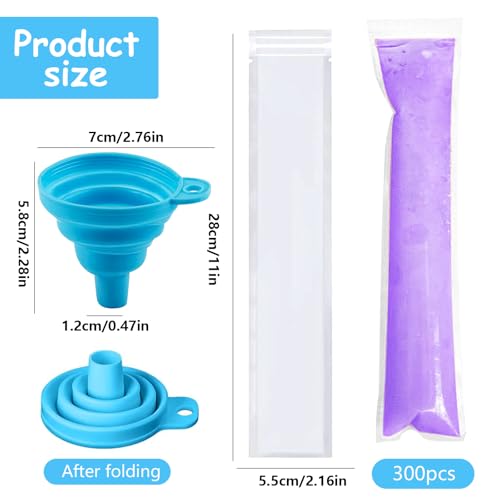 300 Stück Wassereis Tüten mit 1 Trichter, Popsicle Taschen Popsicle Formen Beutel, BPA-frei, Wassereistüte Popsicle Pouches für Joghurt, Eisbonbons, Eiscreme, Gastgeschenke(28 X 5.5cm)