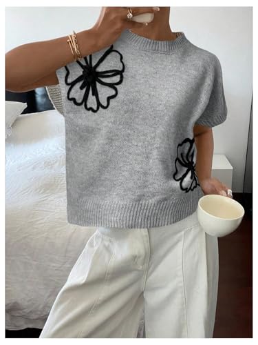 Floerns Women's Flower Floral Knit Dolman Cap Short Sleeve Crew Neck Pullover Sweaters Tops Fall Outfits Loose Fit2