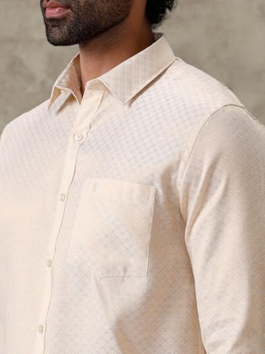 Image of RAMRAJ COTTON Men Gold Tissue Jacquard Full Sleeves Shirt with Matching Dhoti Set