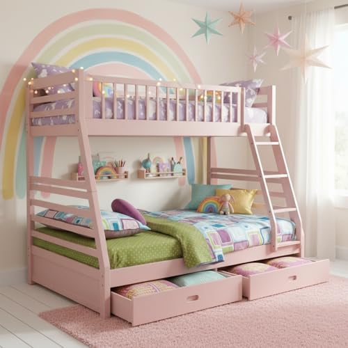 Image of APRODZ Solid Wood Elvira Light Pink Twin Over Queen Size Bunk Bed with Storage