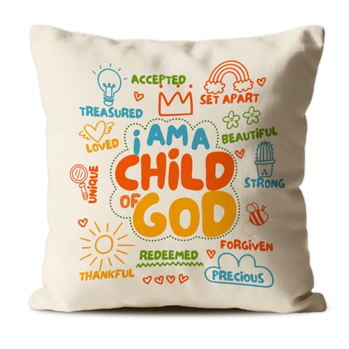 CosxHabitat Christian I Am a Child of God Throw Pillow Covers,Christian Motivational Gifts for Women Girls Boy,Inspirational Gifts Cushion Covers for Kids Room Dorm Bedroom Decor,18x18 Inches