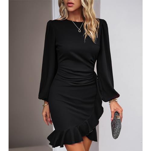YNIQUE Women's Long Sleeves Dress 2025 Zipper Bodycon Mini Dress Ruffle Hem Round Neck Cocktail4