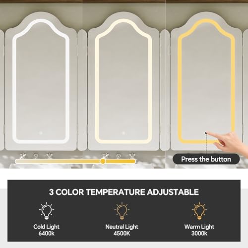 Armario de medicamentos con espejo LED de tres posiciones para baño, montaje en pared o empotrado, con luces integradas y espejo, estantes ajustables, 3 colores ajustables, blanco miniatura 6