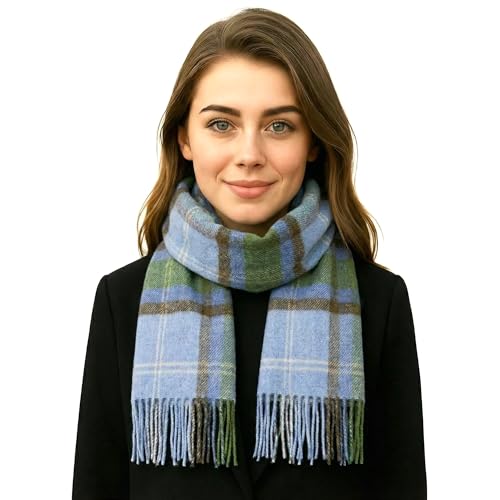Image of Biddy Murphy 100% Irish Wool Scarf for Women & Men, Soft & Warm, Plaid Light Blue Green Check Tartan, 12 inch x 60 inch