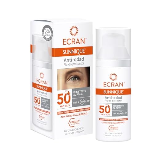 Ecran Sunnique - Fluido Facial Solar Anti-edad FPS 50+, con Ácido Hialurónico, Protección UVB + UVA e IR-A, Anti Arrugas y Anti Manchas, Fórmula con VitEox 80, Para Cara y Escote - 50 ml