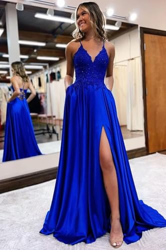 SOB Spaghetti Strap Satin Prom Dresses for Women A-Line Laces Appliques Evening Formal Gowns with Slit3