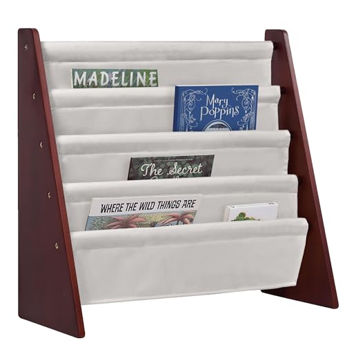 Image of Wildkin Wooden Sling Bookshelf for Kids – Premium Canvas Design with 4 Fabric Shelves, Organizer for Home or Classroom - Cherry w/Tan