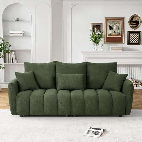 OUYESSIR Sofa Cloud Couch, 80.2" Modern Comfy Teddy Sofa Deep Seat Futon Couch with Pillows, Soft Upholstered 3 Seater Sofa Oversized Loveseat Sofas for Living Room, Apartment, Green Cover