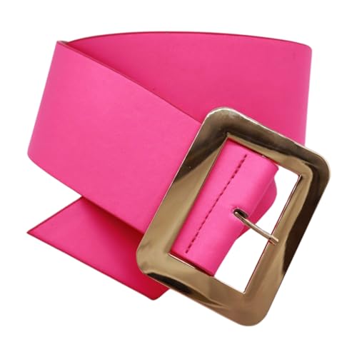 Women Fashion Faux Leather Wide Belt Gold Metal Square Buckle S M Neon Pink2