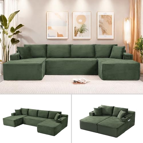 Image of 133.5 inch U Shaped Couch, Modular Sectional Sofa with Chaise, Corduroy U Shaped Boneless Couch with Deep Seat, Upholstered Modular Cloud Sofa for Living Room, No Assembly Required, Green