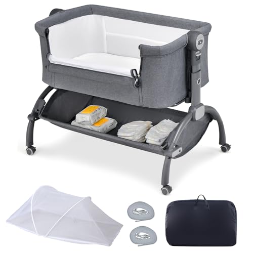 COSTWAY 3 in 1 Beistellbett mit Mosktionetz, Reisebett Baby mit Matratze, Babybett 7 Fach höhenverstellbar mit Tragetasche, Aufbewahrungskorb, Stubenwagen für Baby bis 9 Monate (Grau)