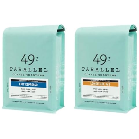 49th Parallel Coffee Roasters - Gourmet Coffee 2 Pack - Epic Espresso Whole Beans and 123 W Longitude Blend Filter Whole Bean Coffee Cover