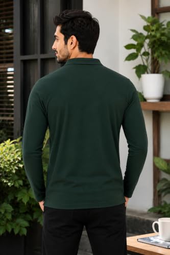 Image of CAMEY Men's Plain Solid Long Sleeve Polo T-Shirt | Regular Fit | Collared Casual Cotton Blend Tee with Chest Pocket | Everyday Comfort Wear