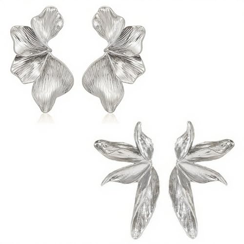 xolear 2 Pares Pendientes Plata Grandes Petalos, Pendientes con Forma de Pétalo, Largos Flower Earrings, Adecuado para Que lo Usen Mujeres y Niñas y se Puede Regalar (Plata)