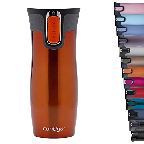 Contigo West Loop Autoseal Travel Mug, Stainless Steel Thermal Mug, Vacuum Flask, Leakproof Tumbler, Coffee Mug with BPA Free Easy-Clean Lid, 470 ml, Tangerine