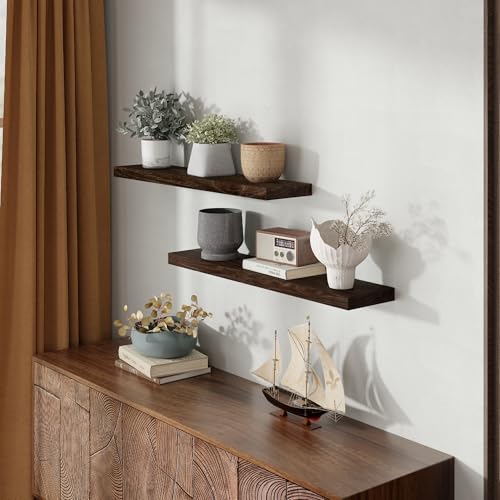 Image of Fun Memories 36 inch Elm Wood Floating Shelves for Wall, Walnut Finish, 2 Pack