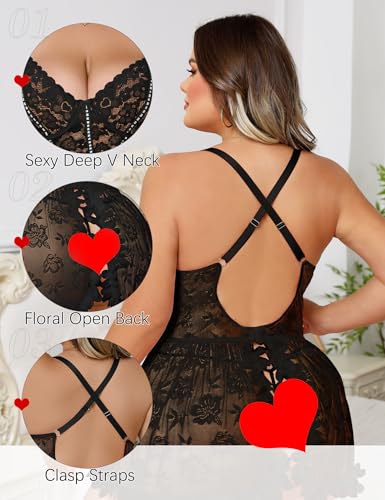 Plus Size Lingerie for Women Open Back Sexy Lingerie Dress Floral Lace Babydoll Chemise Lace Nightgown2