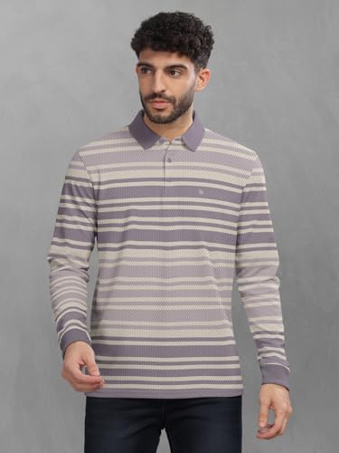 Image of BULLMER Striped Textured Printed Polo Neck Fullsleeve T-Shirt with Rib for Men