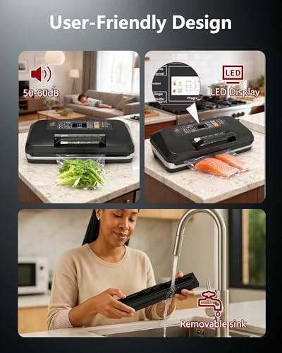 95KPa Powerful Vacuum Sealer Machine, 12-in-1 High-Speed Food Sealer, Dry&Moist Modes Smart Suction Vacuum Machine, Built-in Cutter, Easy-Lock Handle, Double Heat Seal, 1 Roll&10 Bags - Image 4