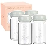 COMI Natural Glass Baby Bottle,Breastmilk Storage Bottle for Fridge,Wide Neck Breast Milk Container with Dome Cap,Fits Breast Pumps & Nipples,BPA Free,4PCS (6oz,4 Gray Lids)