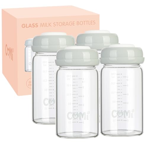 Image of COMI Natural Glass Baby Bottle,Breastmilk Storage Bottle for Fridge,Wide Neck Breast Milk Container with Dome Cap,Fits Breast Pumps & Nipples,BPA Free,4PCS (6oz,4 Gray Lids)