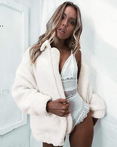 Prettygarden Women's 2023 Fashion Winter Coat Long Sleeve Lapel Zip Up Faux Shearling Shaggy Oversized Shacket Jacket (White,Large) #TOP2
