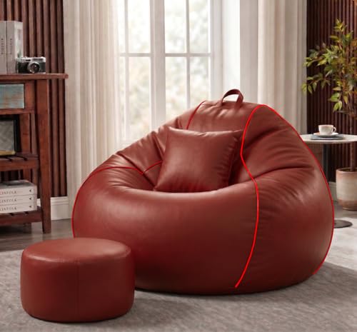 Image of Sattva Piping 2XL Sofa Style Bean Bag Chair with Beans Filled | Faux Leather Bin Bags Combo with Footstool & Cushion | Pre-Filled Beam Bag for Adults, Living Room & Bedroom - Tan /Red Piping