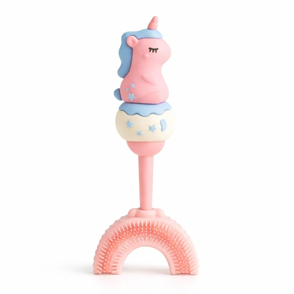 Baby U Shaped Silicone Manual Tooth Brush, Soft & Elastic Bristles, Complete 360 Degree Dental Cleaning, Specially Designed For Toddlers & Children, Food Grade Soft Silicone Brush Head - U Shape Toothbrush (Twinkle Unicorn With Pink Handle)-image-20