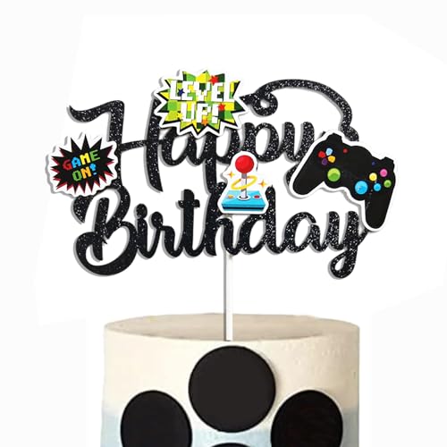 Oarkive FDF4RE Happy Birthday Video Game Cake Topper Glitter Black Gamer Cake Topper Gaming Cake Topper Video Game Controller Party Supplies thumb #2