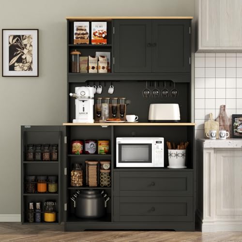 Gyfimoie Kitchen Pantry Storage Cabinet,Freestanding Buffet Cabinet with Wine Glass Holder and 2 drawers,Food Pantry with Doors and Shelves,Tall Kitchen Hutch with Microwave Stand for Kitchens (Black)