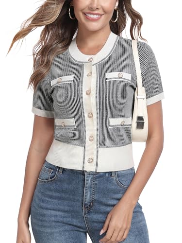 M.Infisavo 2025 String Button Sweater Women's Casual Short Sleeve Crewneck Cardigan High Elastic Knit Shirt Top