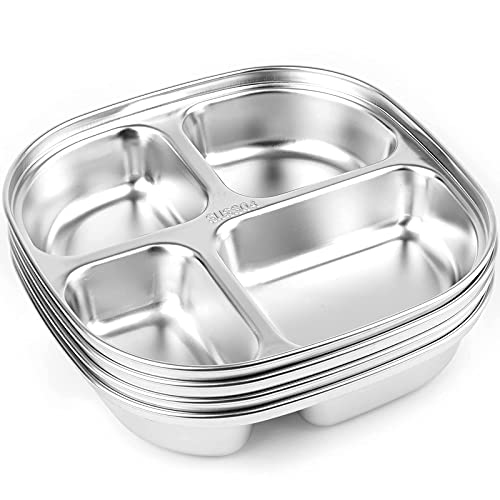 Deayou 4 Pack 18/10 Stainless Steel Divided Plate, 7.7" Small Child Plate With 4-Compartment, Portion Control Serving Platter, Mess Food Sectioned Tray For Dinner, Lunch, Cafeteria, Adults #TOP2