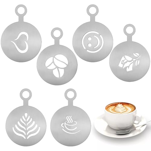 Lot de 6 Pochoirs à Café En Acier Inoxydable Réutilisable, Pochoirs Latte Art Moule, Pochoir Cappuccino pour Latte, Cappuccino, Décoration De Gâteaux, Modèles...